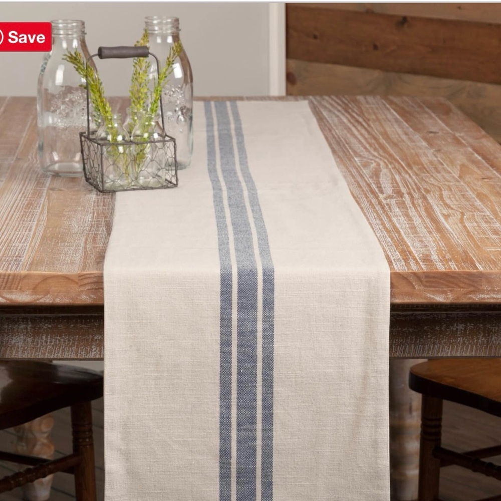 New farmhouse grain stack blue stripe table runner